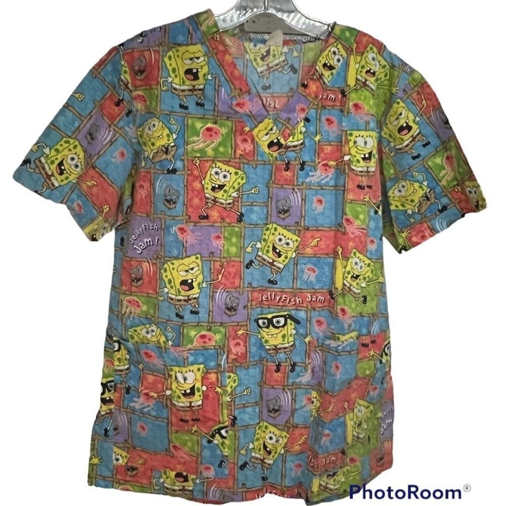 Lot of 2 Nickelodeon Spongebob Squarepants Scrub Tops Shirt Medium Pockets USA